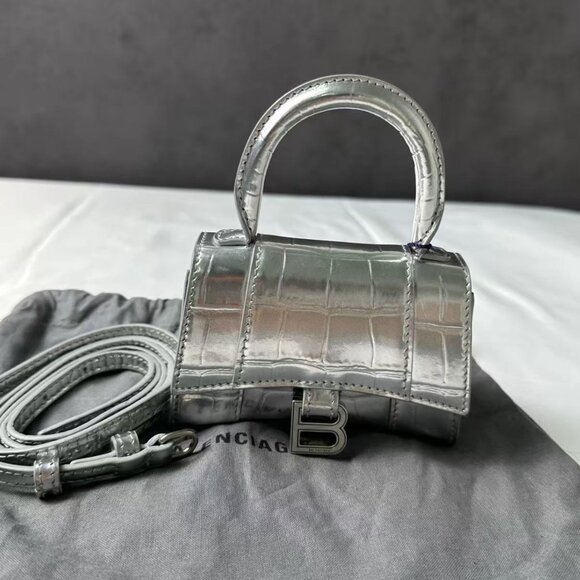 NWT BALENCIAGA Extra Small Hourglass Croc Embossed Metallic Leather TopHandleBag - Picture 1 of 10
